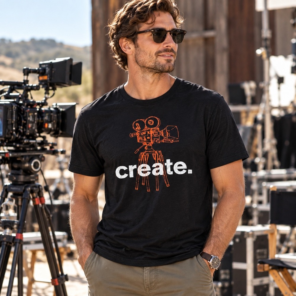The Ranch Film Studios Create Graphic T-Shirt Black Orange Camera Bella Canvas L